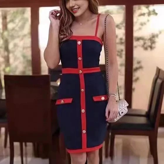 Button Square Collar Slim - fit Sheath Dress Package Hip Skirt - Zeprah