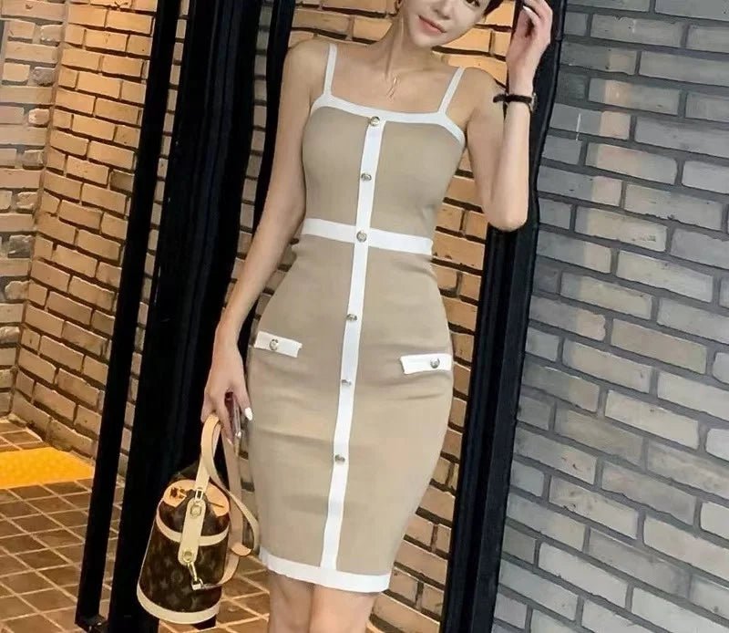 Button Square Collar Slim - fit Sheath Dress Package Hip Skirt - Zeprah