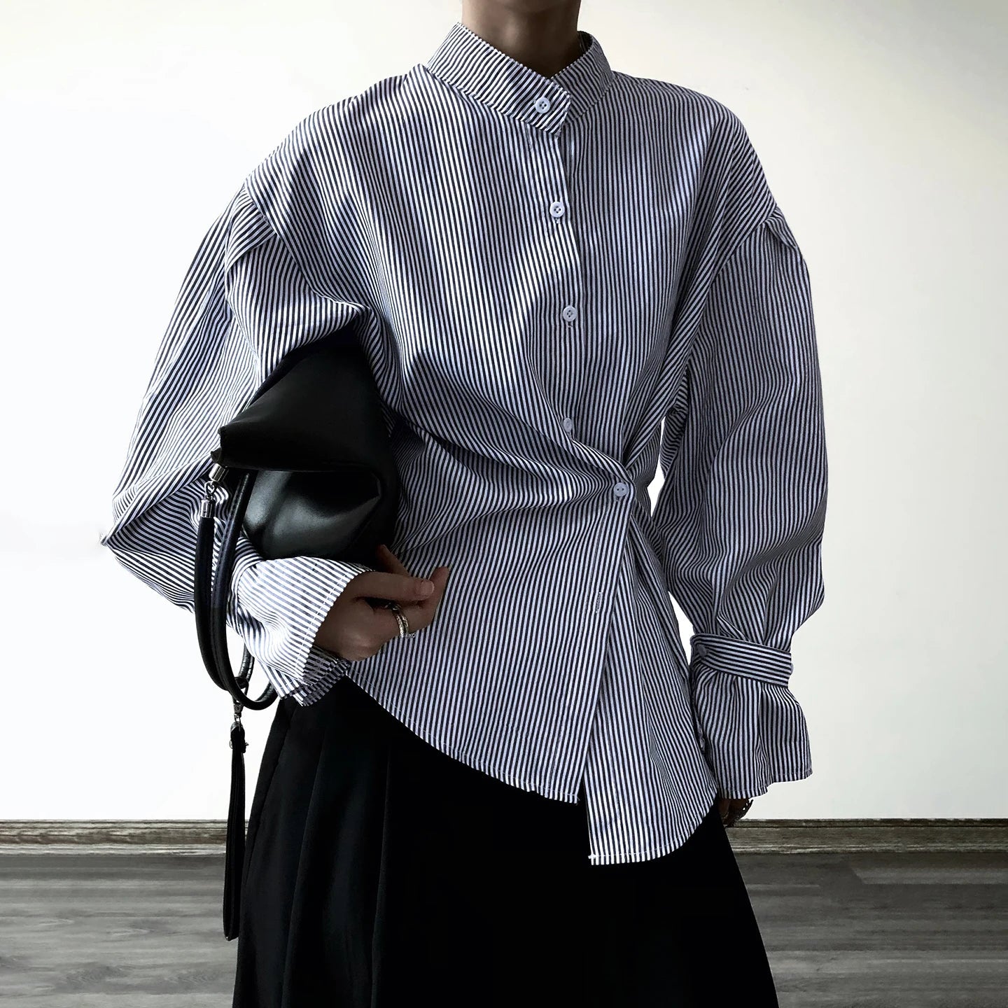 Buttoned Waist Casual Lapel Eco - Friendly 100% Polyester Office Shirt Women's Striped Color Block Long Sleeve Blouse for Regular - Zeprah