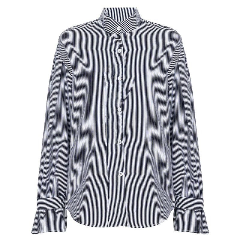 Buttoned Waist Casual Lapel Eco - Friendly 100% Polyester Office Shirt Women's Striped Color Block Long Sleeve Blouse for Regular - Zeprah