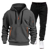 Explosions Men's Autumn and Winter New Fleece-lined Multi-pocket Zipper Sweater Set Personalized Casual Hoodie Set