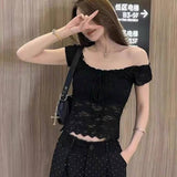 2026 French Retro Lace Crochet Bow Square Neck Short-sleeved Women's T-shirt Summer Slimming Trendy Top
