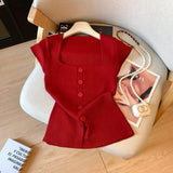 Women Square Neck Ribbed Knit T Shirt Front Button Split Hem Short Sleeve Slim Fit Casual Basic Tee