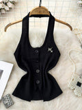 Halter Neck Star Rhinestone Button Knit Tank Top Women Sleeveless Slim Cropped Vest