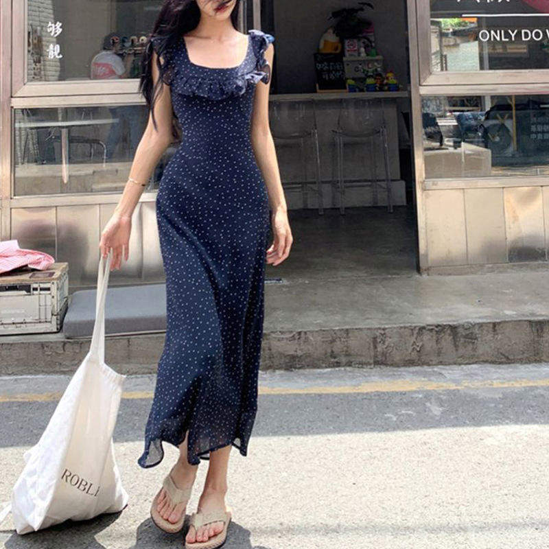Women Navy Blue Polka Dot Dress Square Neck Ruffle Cap Sleeve Backless Tie Waist Slim Chiffon Long Dress Vintage Summer Sundress