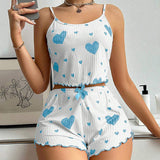 Classic Hot Selling Style Women's love Printed Suspender Shorts Two-piece Set Home Clothes