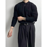 Men Waffle Knit Long Sleeve Polo Shirt Lapel Collar Button Placket Solid Slim Fit Business Casual Knitted Pullover