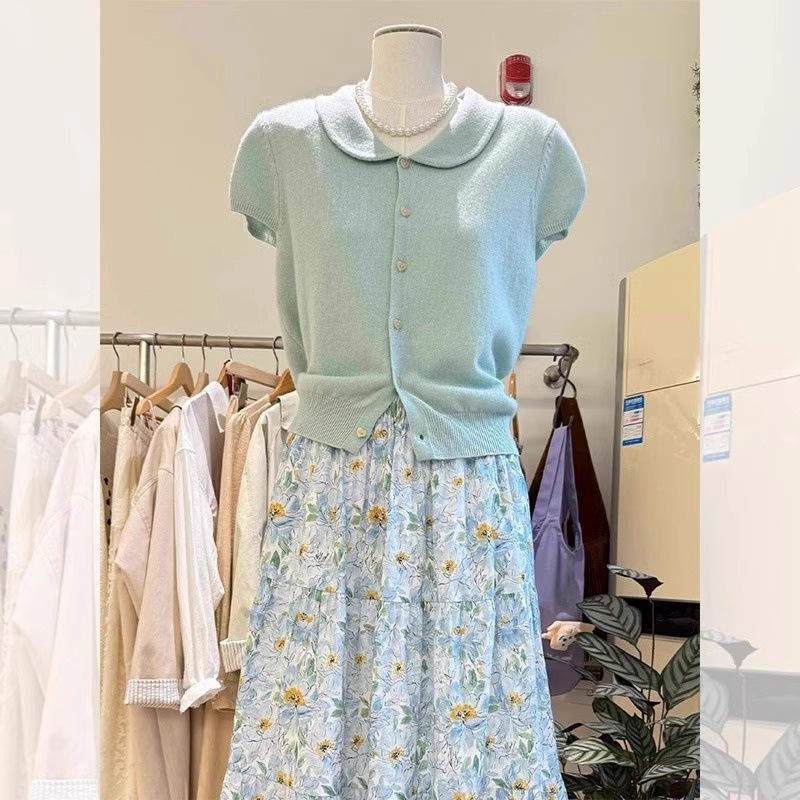 Summer Women's Cute Collar Sweet Short Sleeve Knit T-Shirt Slim Fit Casual Short Tee Daily Wear Tops