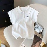 Women's Short-Sleeve Knit Top with Embroidered Bowknot Preppy Style French Polo Collar Lightweight Fabric for Spring and Summer