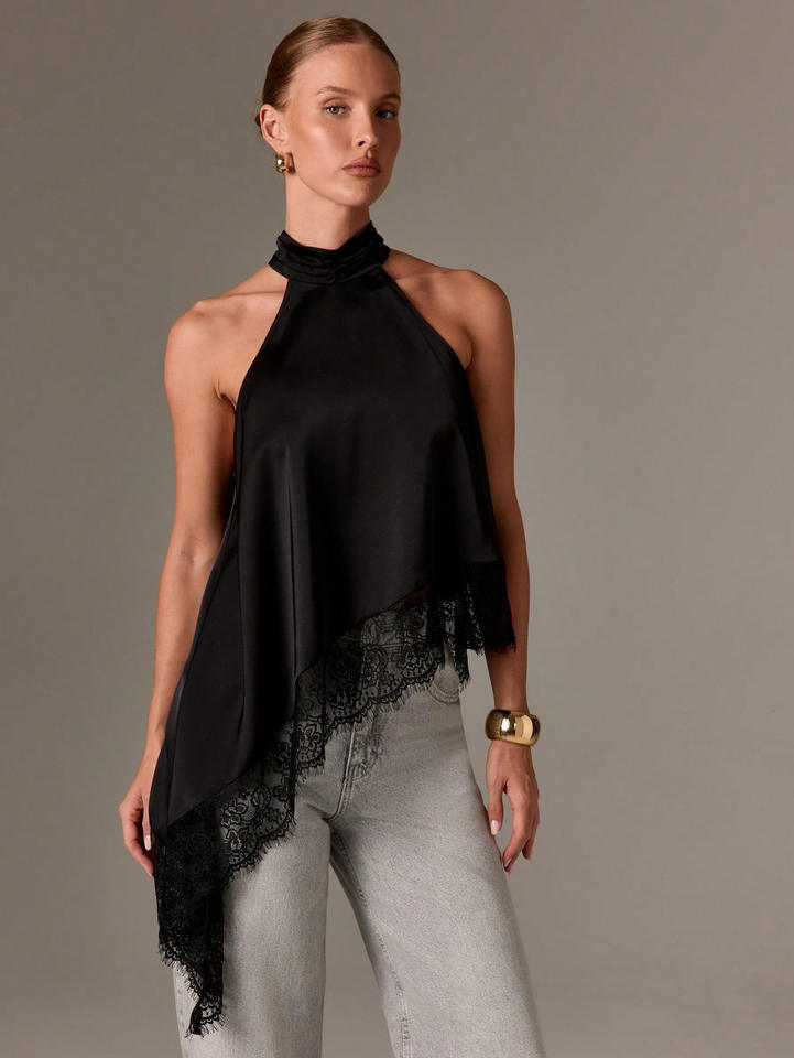 Women Satin Cowl Halter Neck Blouse Asymmetric Irregular Hem Lace Trim Sleeveless Elegant Daily Tank Top