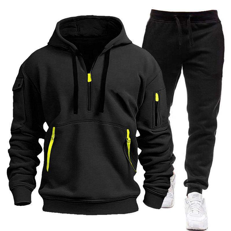 Explosions Men's Autumn and Winter New Fleece-lined Multi-pocket Zipper Sweater Set Personalized Casual Hoodie Set
