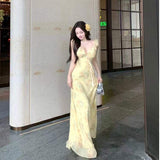 Women Yellow Floral Print Ruffle Spaghetti Strap Maxi Dress Deep V Neck Front Tie Flowy Chiffon Long Dress