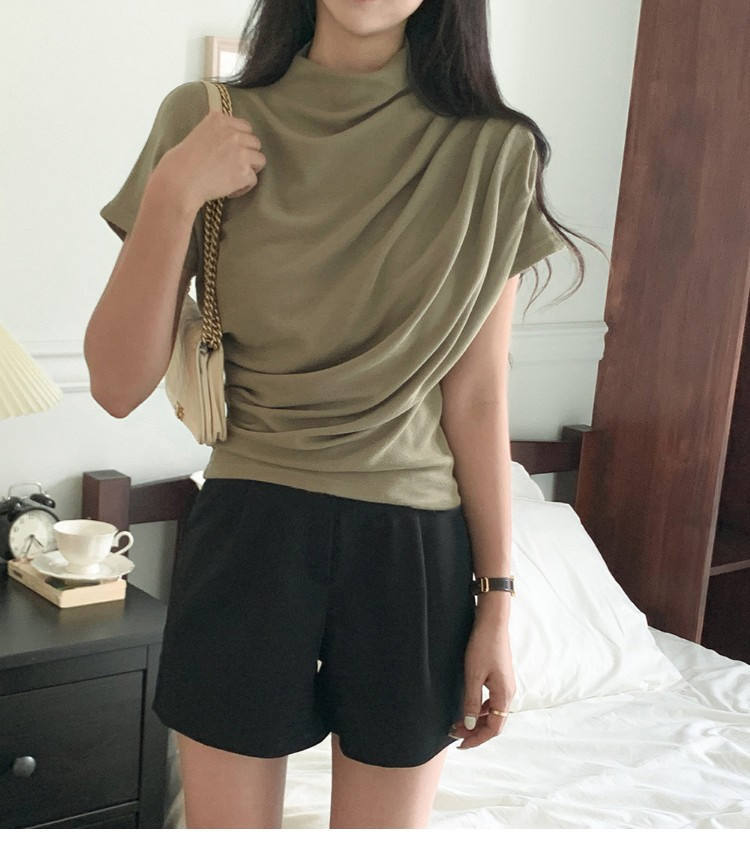 Women Mock Neck Draped Ruched Waist Short Sleeve Knit Top Slim Fitted Elegant Casual Blouse