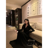 Women V Neck Wrap Maxi Dress Long Sleeve Ruched Waist High Waist Flowy Big Swing Floor Length Elegant Casual Long Dress