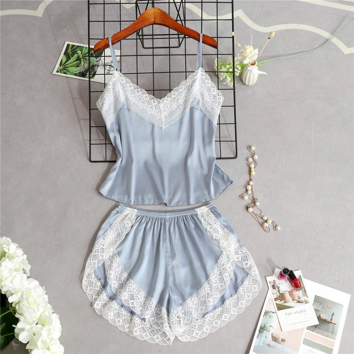 Women's Sexy Lace Sleeveless V-Neck Satin Sling Vest Top Shorts Summer Two Piece Pajama Sets with Front  Sleepwear Nightwear
