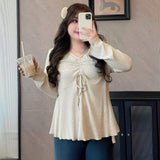 4xl Autumn and Winter Women's New Plus Size Elegant Style T-shirt V-neck Slim Fit Short Sleeved Top