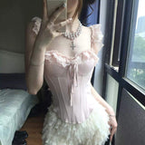 Women's French Style Pink Lace Camisole Hollow Out Boned Off-Shoulder Bandeau Elegant Summer Top