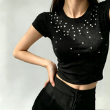 Women Trendy Rhinestone Crew Neck Shoulder Fit Short Sleeve T-Shirt Slimming Designer White Cropped Midriff Top for Spicy Girls