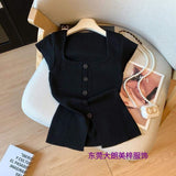 Women Square Neck Ribbed Knit T Shirt Front Button Split Hem Short Sleeve Slim Fit Casual Basic Tee