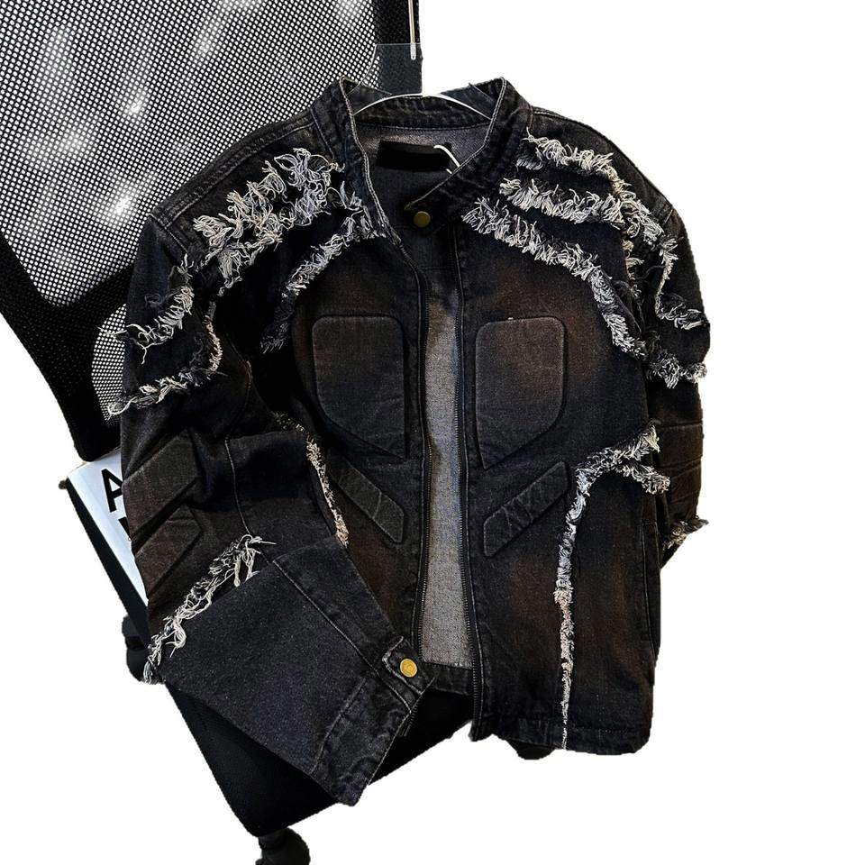 Retro Tassel Fringed Three-Dimensional Relief Denim Motorcycle Jacket Design Sense Jacket