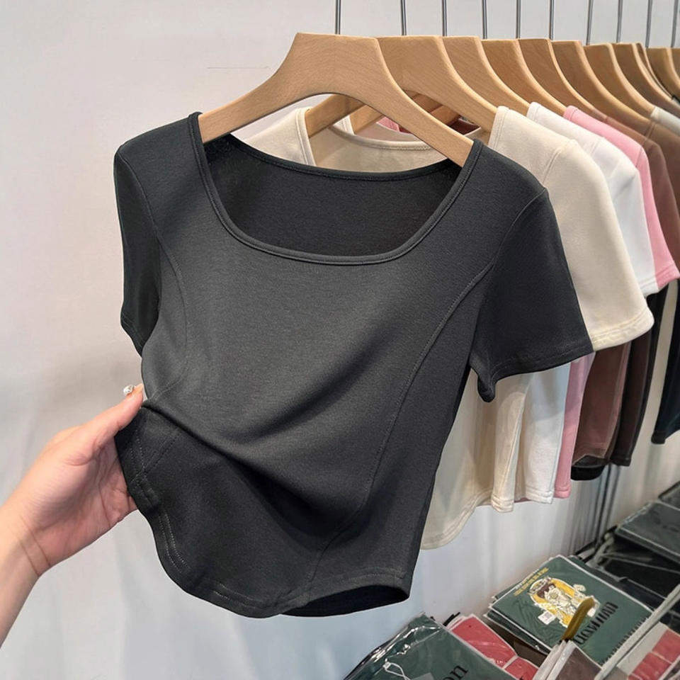 Women Square Neck Short Sleeve Seam Stitch Crop T Shirt Solid Slim Fit Curved Hem Stretch Basic Casual Daily Ladies Fitted Tees