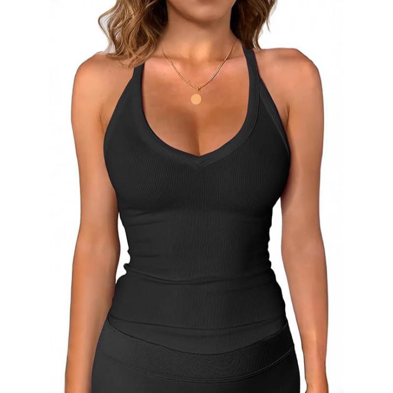 V Neck Halter Ribbed Tank Top Women Stretch Slim Yoga Sleeveless Fitness Camisole