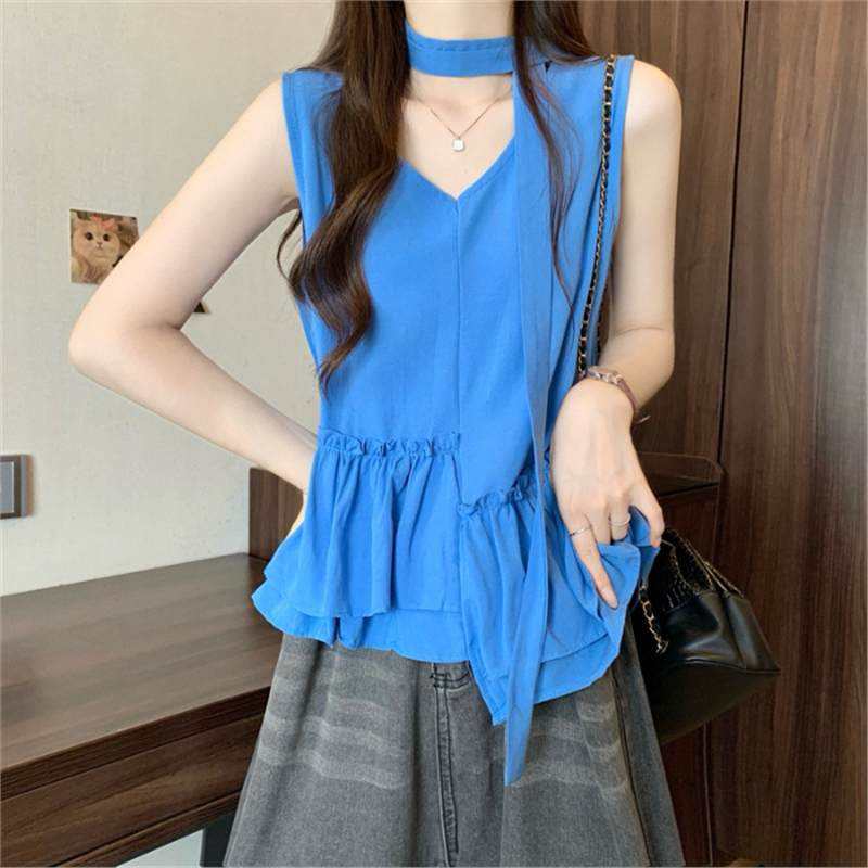 Women's Summer Sleeveless V Neck Blouse Choker Neckline Ruffle Hem Irregular Hem Flowy Tank Top Casual Loose Vest Tops