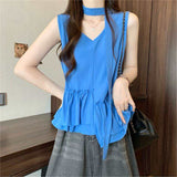 Women's Summer Sleeveless V Neck Blouse Choker Neckline Ruffle Hem Irregular Hem Flowy Tank Top Casual Loose Vest Tops