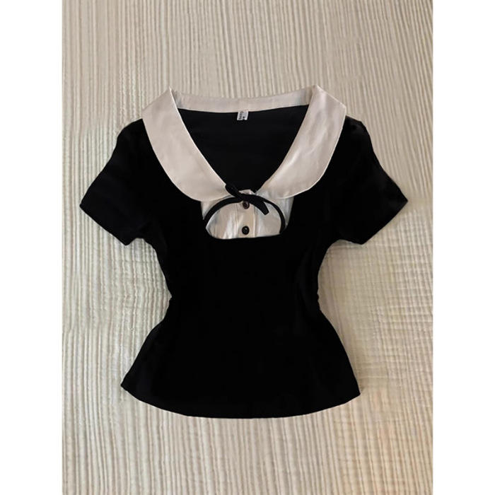 Black White Peter Pan Collar Blouse, Vintage Short Sleeve Fitted Top with Hollow Out Design