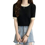 2026 Summer Loose Knit Top Crew Neck Solid Color Short-sleeved T-shirt Knit Pullover T-shirt for Girls