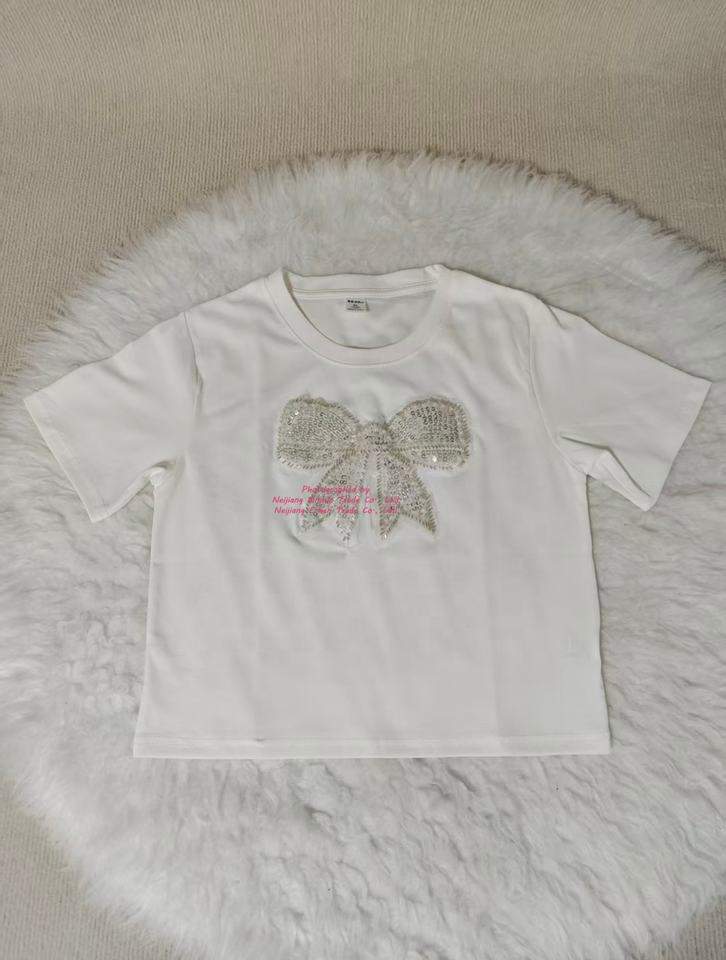 Cotton Round Neck Short Sleeve Top Sequins Butterfly Embroidery Design Sense Pattern Summer New Women's T-Shirt
