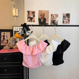 Women Off Shoulder Ruffle Flounce Top Side Ruched Waist Slim Cropped Blouse Multiple Colors Casual Tee