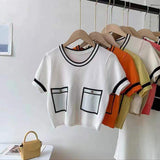 Ice Silk Women's Clothing Color Contrast Crewneck Tops for Women Knitted Short-Sleeved Tee