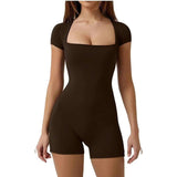 Women Square Neck Short Sleeve Bodysuit Romper Slim Bodycon Bike Short Jumpsuit Daily Casual Ladies Workout Shapewear