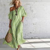 Women Striped Maxi Dress One Off Shoulder Puff Short Sleeve Loose Fit Pocket Flowy Hem Beach Vacation Long Dress