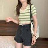 Knitted Graphic Tee Slim-fit Tops for Women Colorful Short Sleeve Top