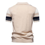Men Color Block Vertical Stripe Knitted Polo Shirt Short Sleeve Slim Fit Casual Top