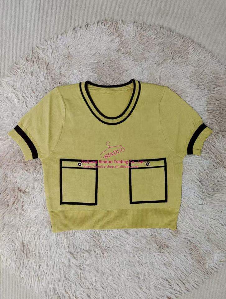 Ice Silk Women's Clothing Color Contrast Crewneck Tops for Women Knitted Short-Sleeved Tee