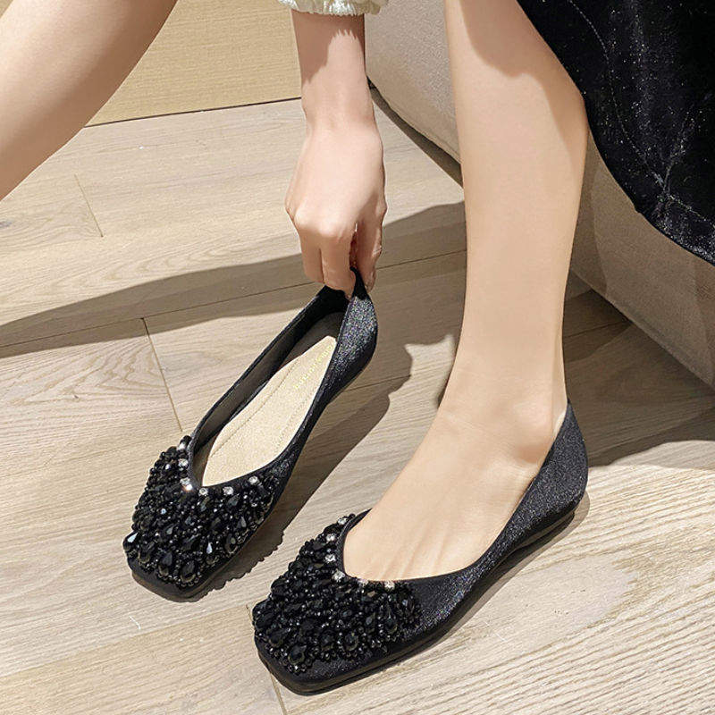 Women's Rhinestone Embellished Closed-Toe Flat Slipper Pumps - Comfortable Soft Sole Office Shoes