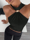 Women Metal Ring Halter Neck Crop Top Twisted Front Sleeveless Fitted Tank Top Casual Daily Camisole