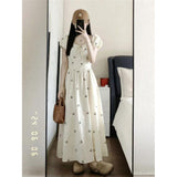 Beige Bow Print Short Sleeve Maxi Dress Square Neck A-Line Casual Dress for Women