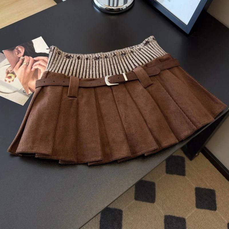 Women Corduroy Pleated Mini Skirt Elastic Knit Waist Short Skirt Free Matching Belt Y2K High Waist A-Line Skirt