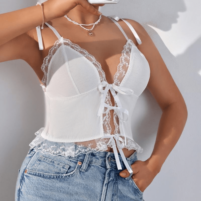 Cami Top with Bow and Lace Trim – Ribbed Knit Design - Zeprah