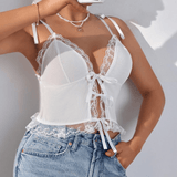 Cami Top with Bow and Lace Trim – Ribbed Knit Design - Zeprah