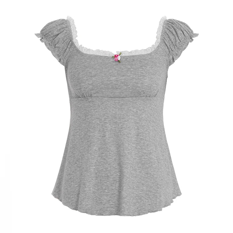 Casual Basic Summer Eco - Friendly Square Neck High Waist Slim Fit Short Sleeve T-Shirt in Solid Color - Zeprah