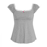 Casual Basic Summer Eco - Friendly Square Neck High Waist Slim Fit Short Sleeve T-Shirt in Solid Color - Zeprah