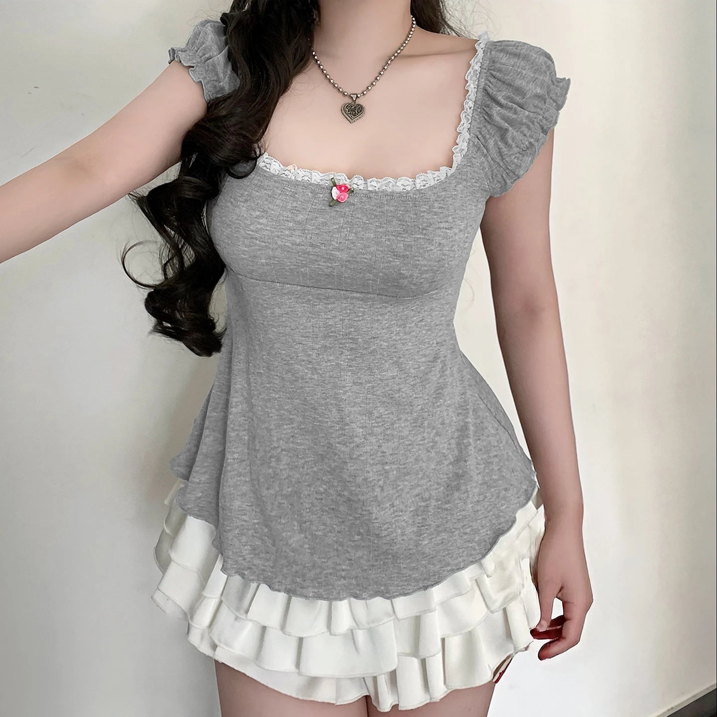 Casual Basic Summer Eco - Friendly Square Neck High Waist Slim Fit Short Sleeve T-Shirt in Solid Color - Zeprah