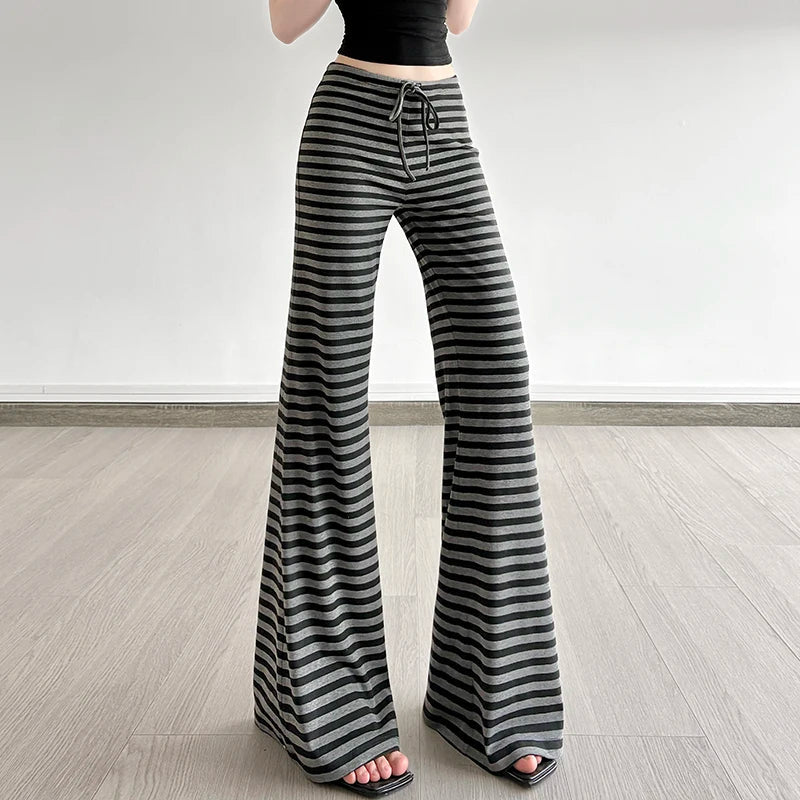 Casual Breathable Lounge Pants for Women Soft Mid Waist Flat Front Loose Fit Drawstring Striped Pattern Comfort Wear - Zeprah