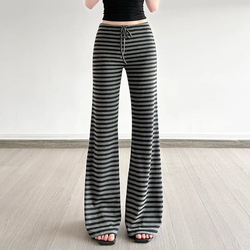 Casual Breathable Lounge Pants for Women Soft Mid Waist Flat Front Loose Fit Drawstring Striped Pattern Comfort Wear - Zeprah