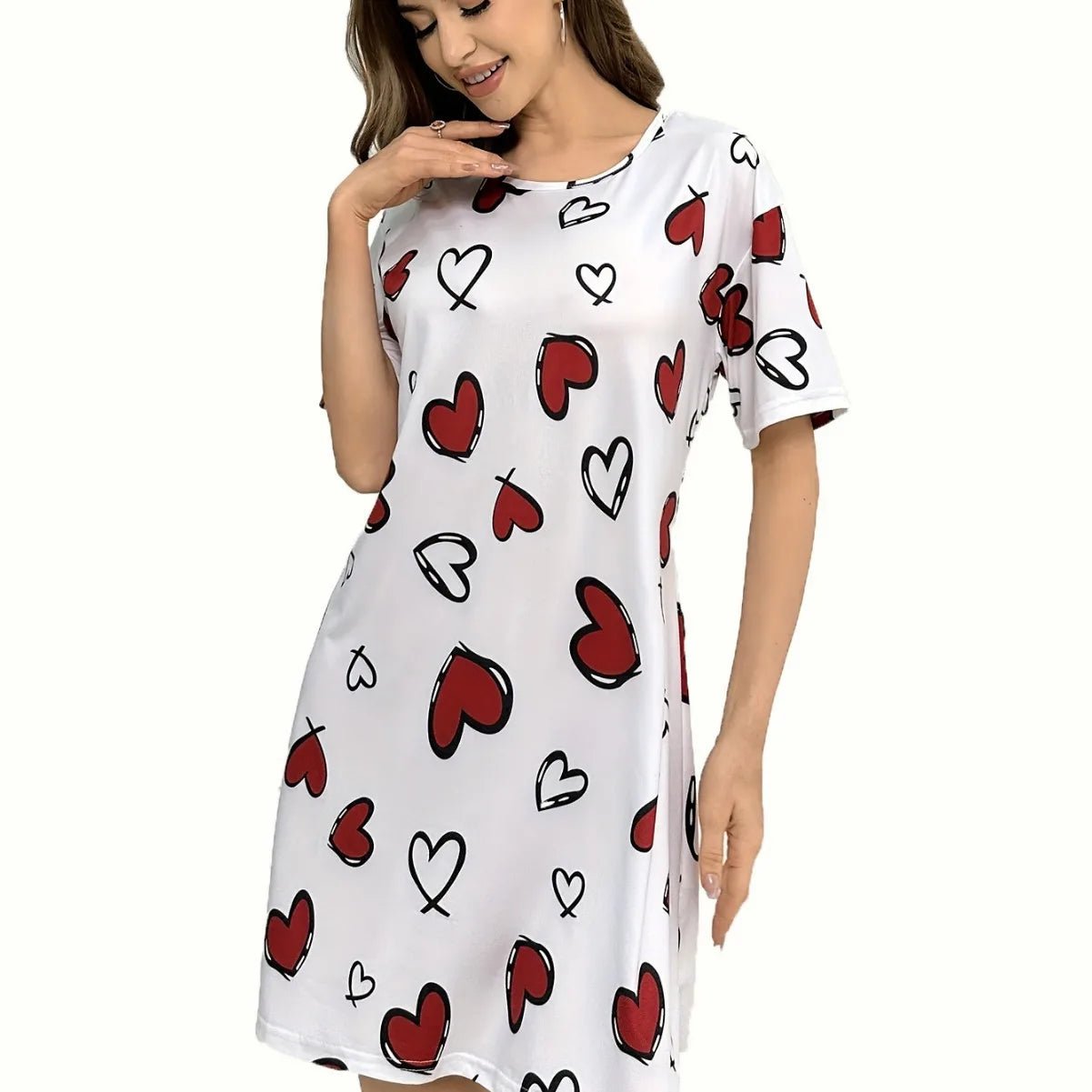 Casual Comfortable Women's Summer Nightdress Short Sleeve Homewear Cartoon Heart Wave Pattern Knee Length Knitted - Zeprah